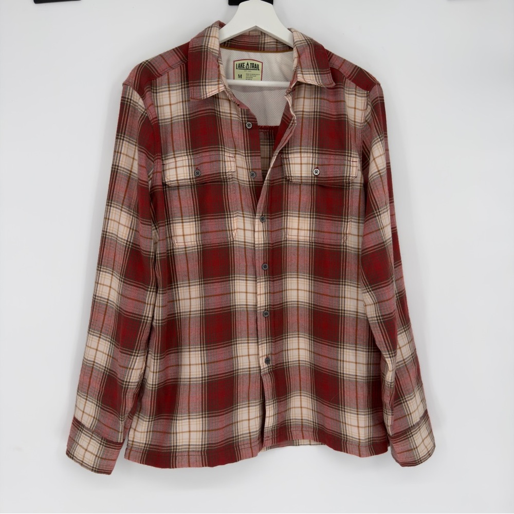 Lake & Trail Red & White Plaid Flannel Shirt Sz Medium Mens